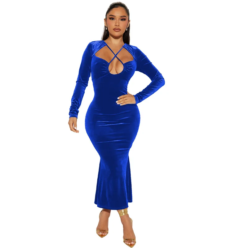 fall luxury elegant women velvet velour criss-cross neck long sleeves trumpet mermaid maxi long evening party dress for women