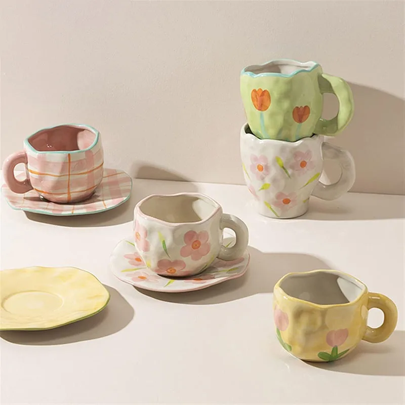 Wholesale Custom Handmade Artistic Drinkware Hand Painted Flower Ceramic Coffee Mug Tea Coffee Cup