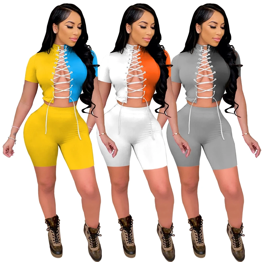 MD-20Summer Matching Color Women Biker Short Set High Elasticity Fabric Sexy Lace Up Drawstring Patchwork Women Suits Two Pieces