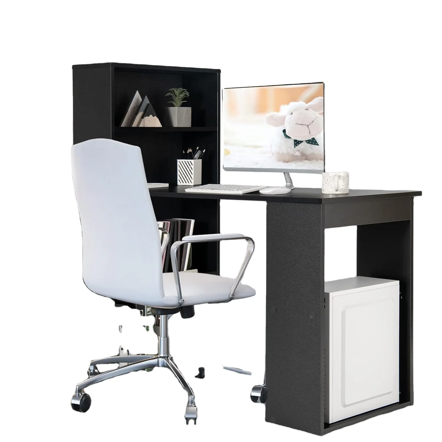 Черный i-образный стол с выдвижными ящиками и полками книжным шкафом для хранения Офисный Компьютерный Стол