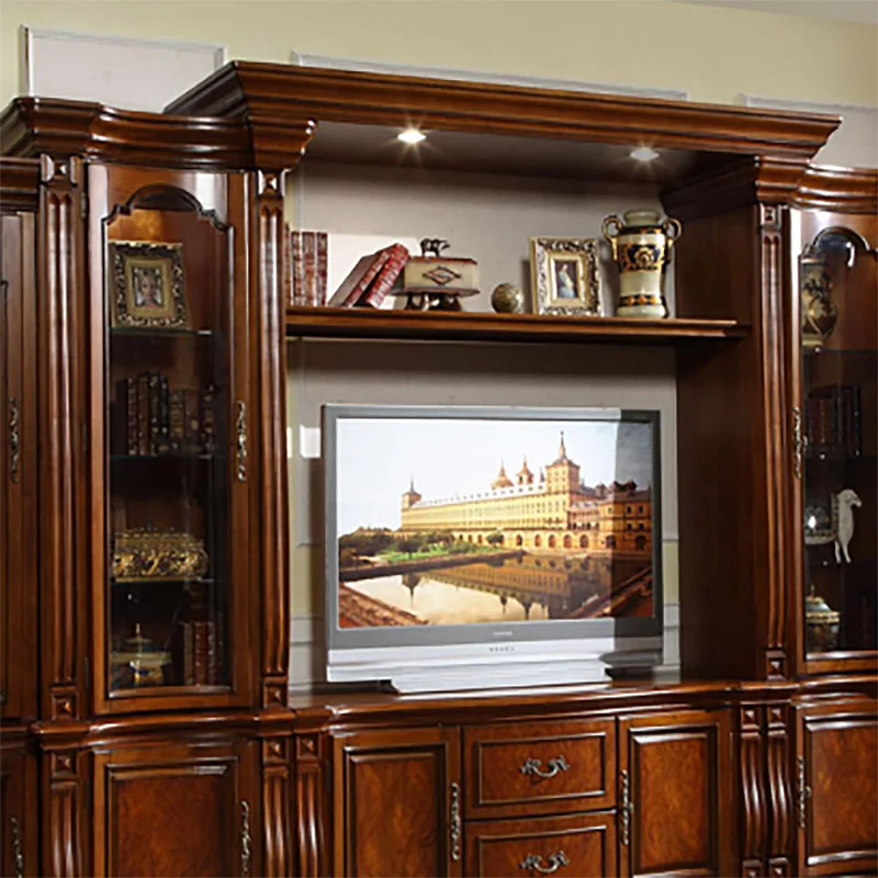 French Royal Solid Wood Top Quality TV Cabinet Stand With Showcase Luxury Living Room Furniture For Villa