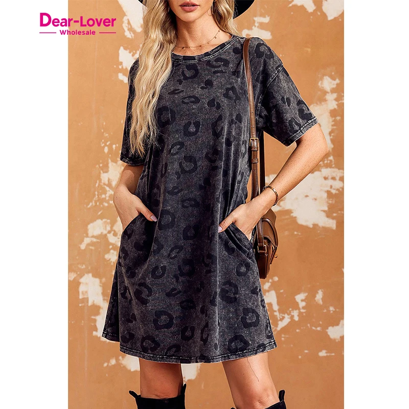 Dear-Lover 2024 Summer Woman Western Gray Vintage Washed Leopard T-Shirt Dress with Pockets