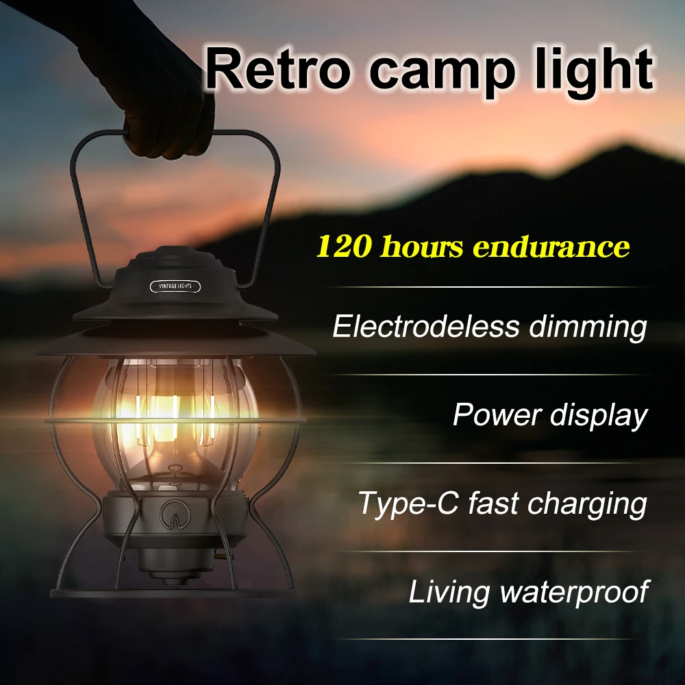 Super bright retro portable portable led outdoor waterproof emergency lighting rechargeable camping lamp