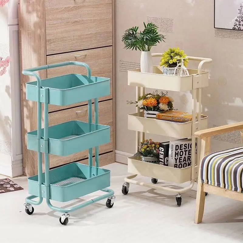 High quality multi-function rotating rack 3 tier pink metal utility rolling cart storage bathroom shelf mobile kitchen organizer trolley cart