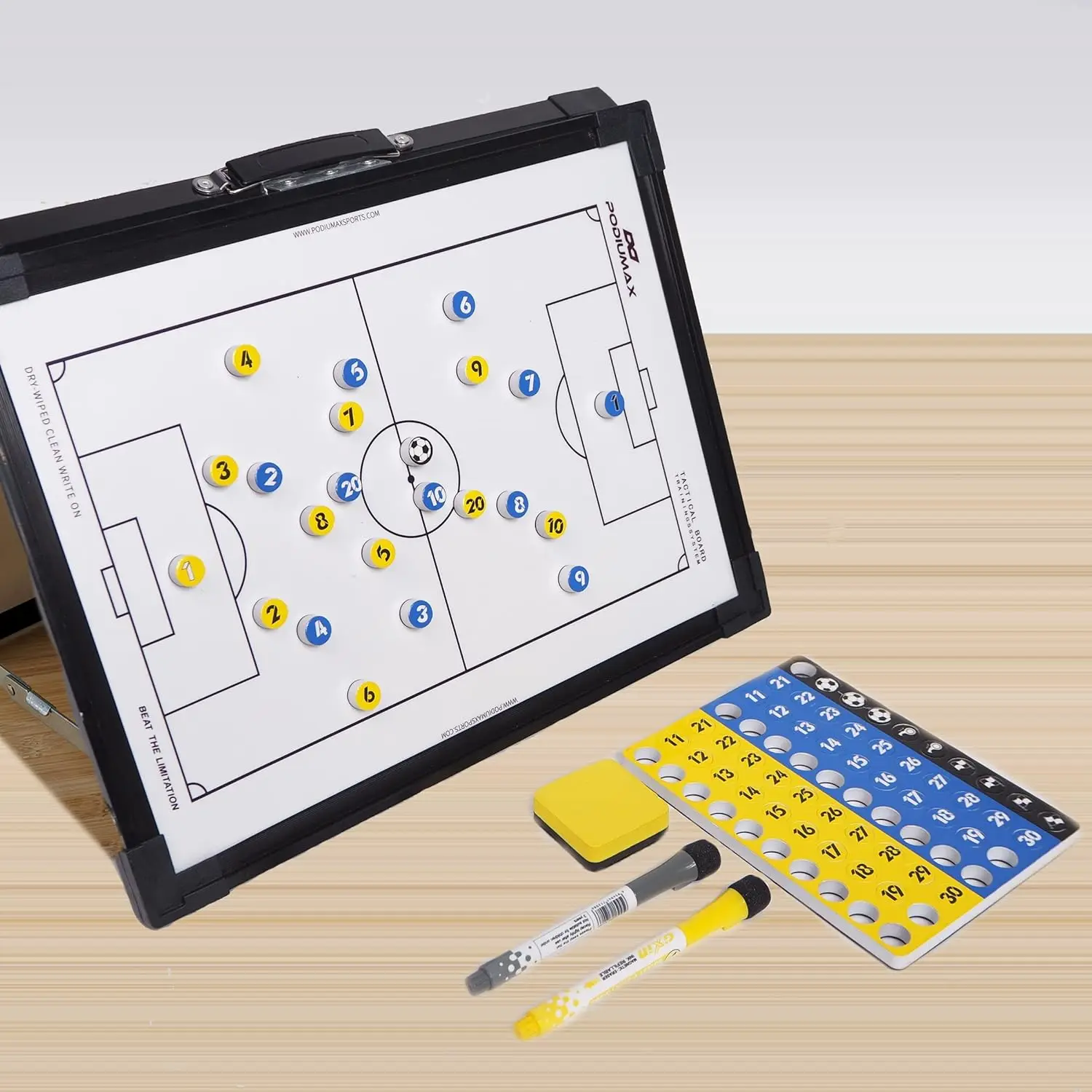 Magnetic Dual-Sided Soccer Dry Erase Coach Board Kit with Pen Marker Pieces and Stand - Tactic & Strategy Board