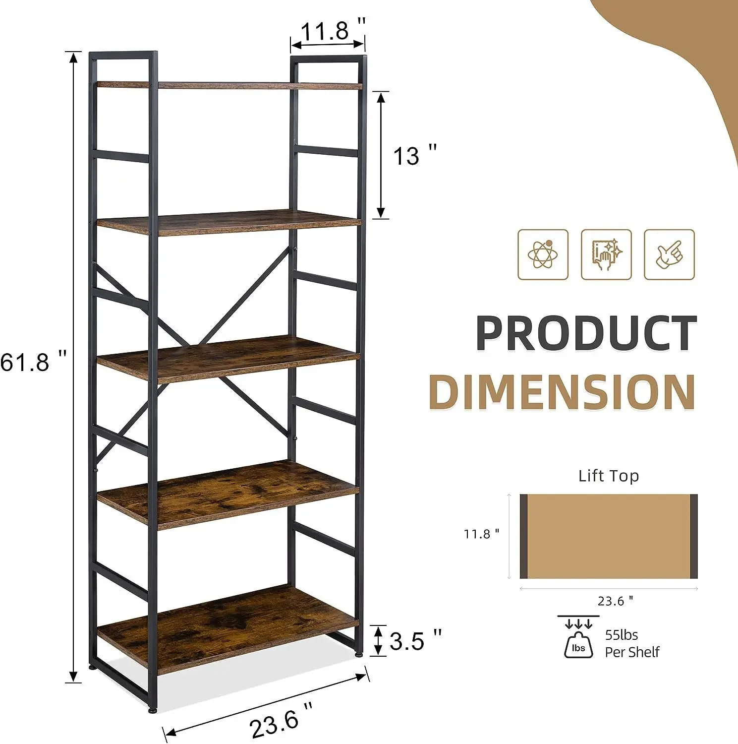 Vintage Freestanding Wooden Corner Bookshelf Bookcase for Living Room