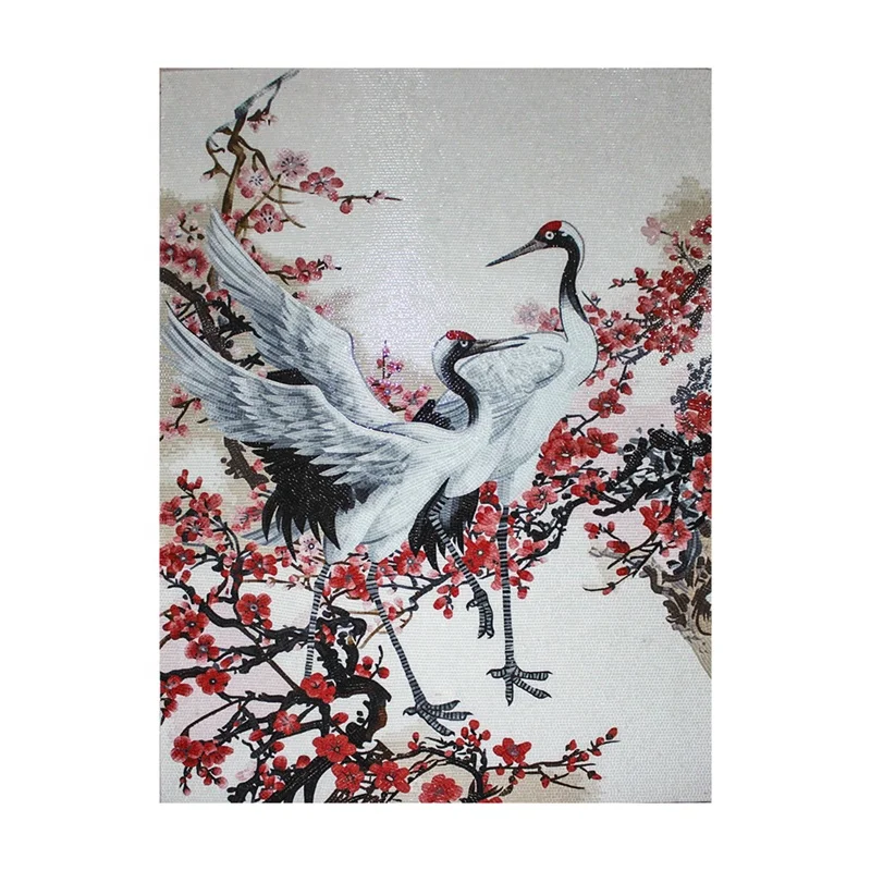 Factory chinese style Red-crowned crane flower glass tile mosaic mural patterns ceramic pieces for mosaics for decoration