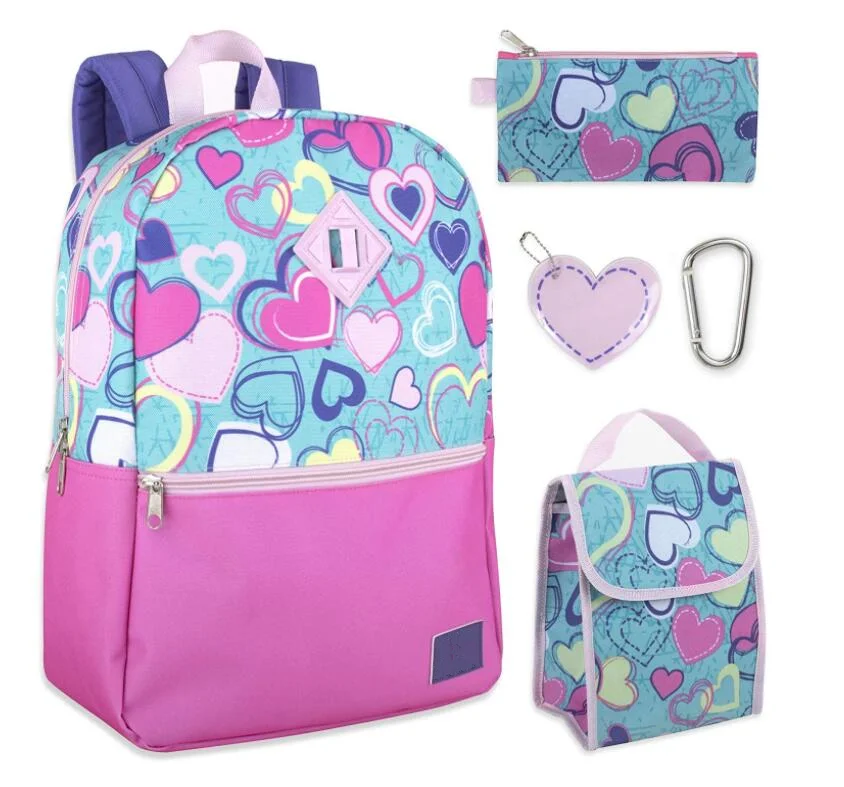 Heart Printed Girls Elementary School Backpack for Kids 5  in 1 Sets with Lunch Tote Bag Pencil Bag