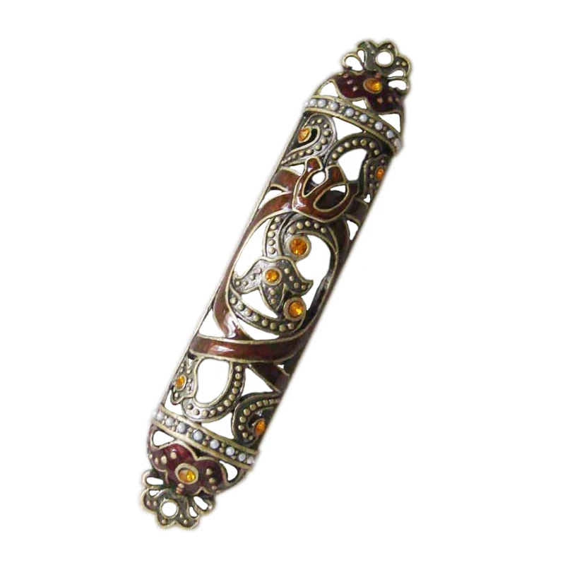 Antique Brass Amber Hand Enameled And Jeweled Hollow Metal Alloy Jewish Scroll Mezuzah Case
