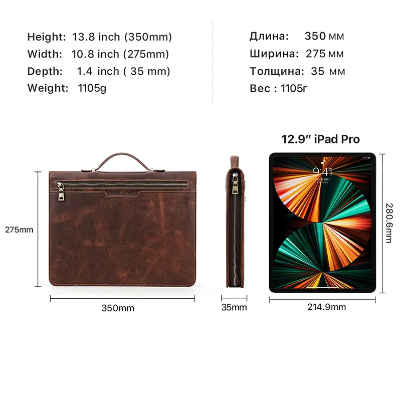 GA177 Real Crazy Horse Hand Computer Sleeve Men Office Tablet bags Phone Genuine Leather Document Business Laptop Bag