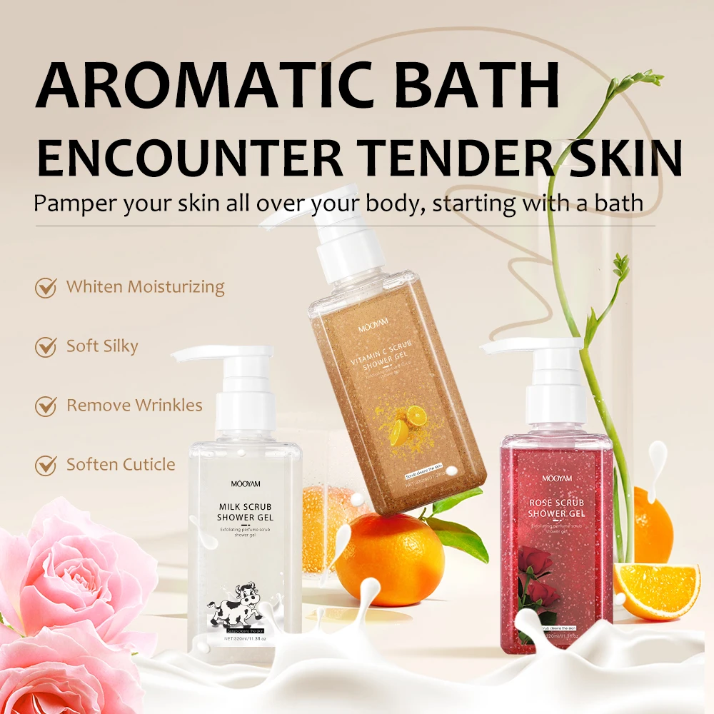 Private Label Shower GEL OEM MOOYAM Whitening Moisturizing Soft Silky Remove Wrinkles Soften Cuticle Milk Scrub Shower GEL