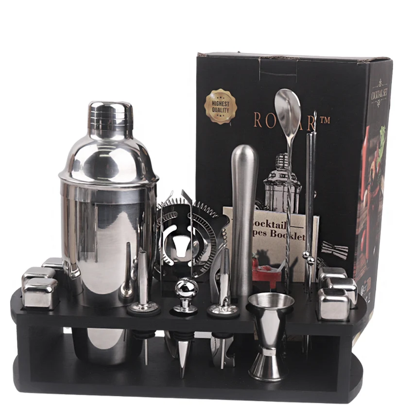 22-Piece Bartender Kit Drink Shaker Stainless Steel Cocktail Shaker Set with Black Wooden Stand