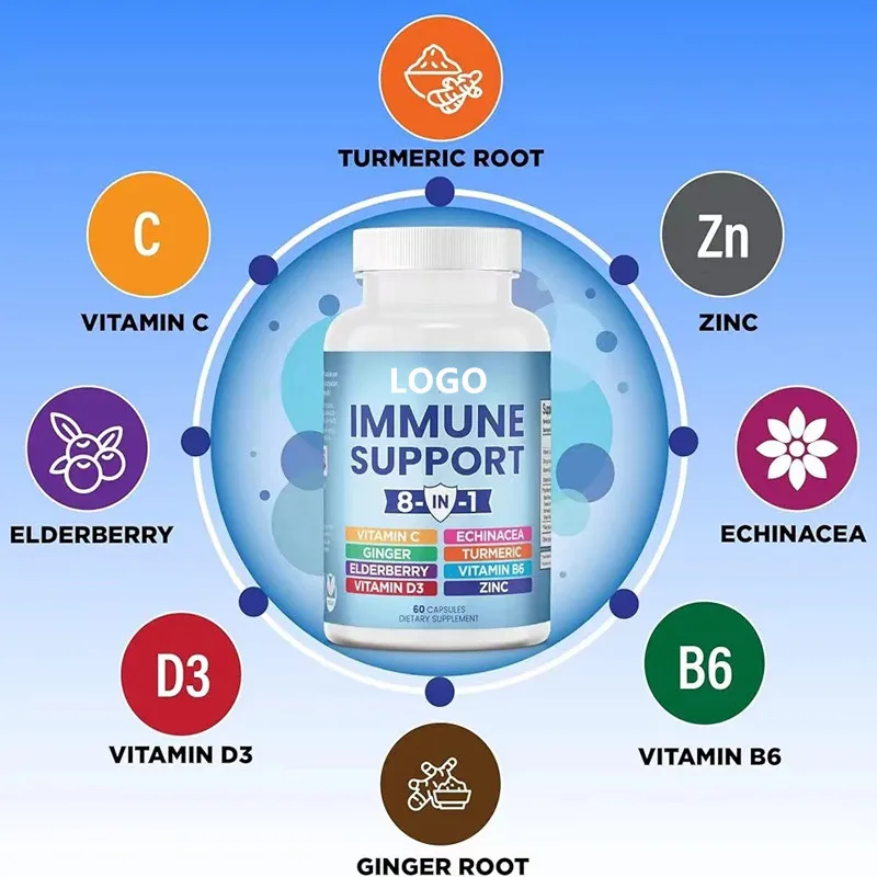 8 in 1 Immune Support Booster Supplement capsules Echinacea Vitamin C Zinc Vitamin D Turmeric Curcumin & Ginger B6, Elderberry