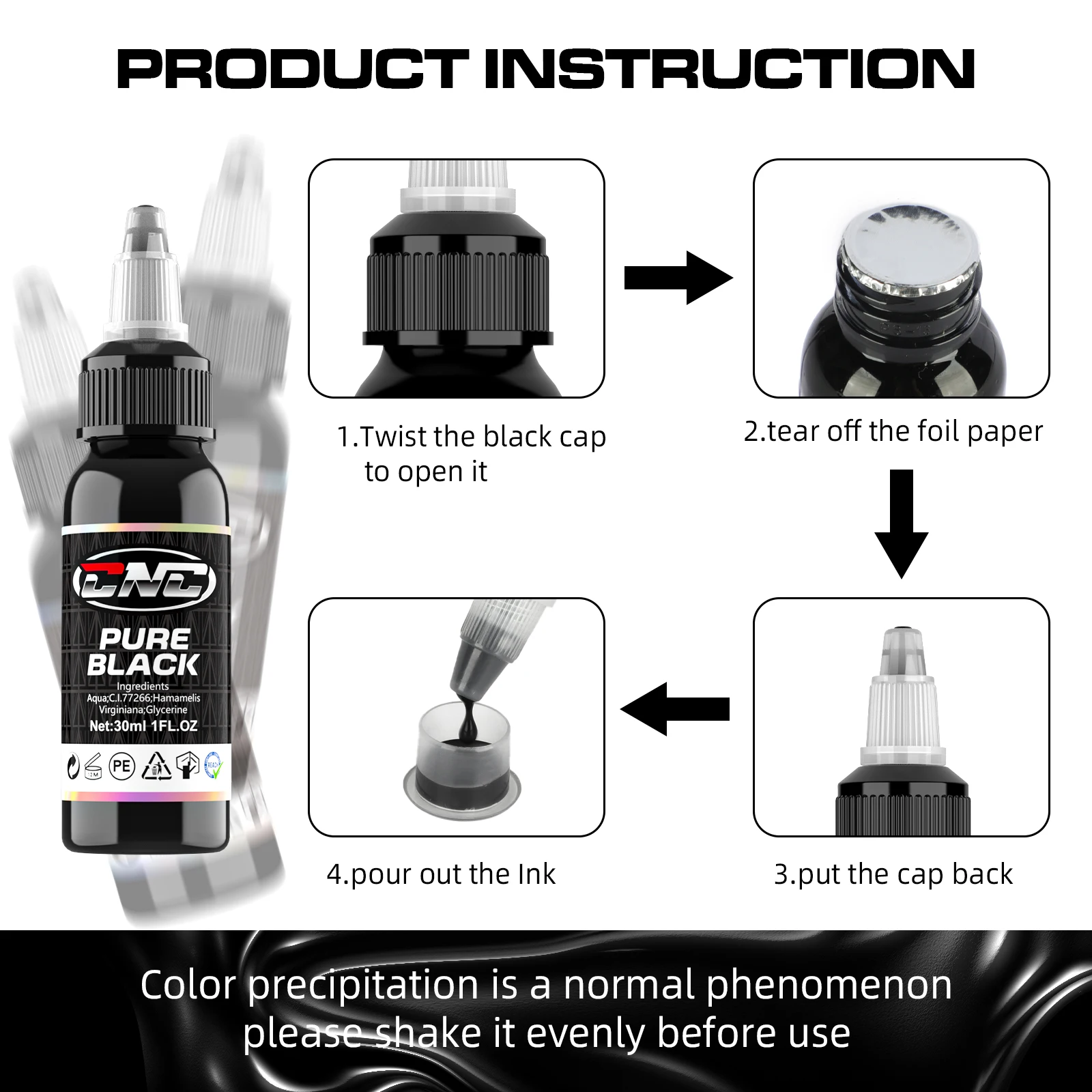CNC Professional 30ML Pure Black Tattoo Ink Manufacturer Ink Tattoo Colors Pigment Ink