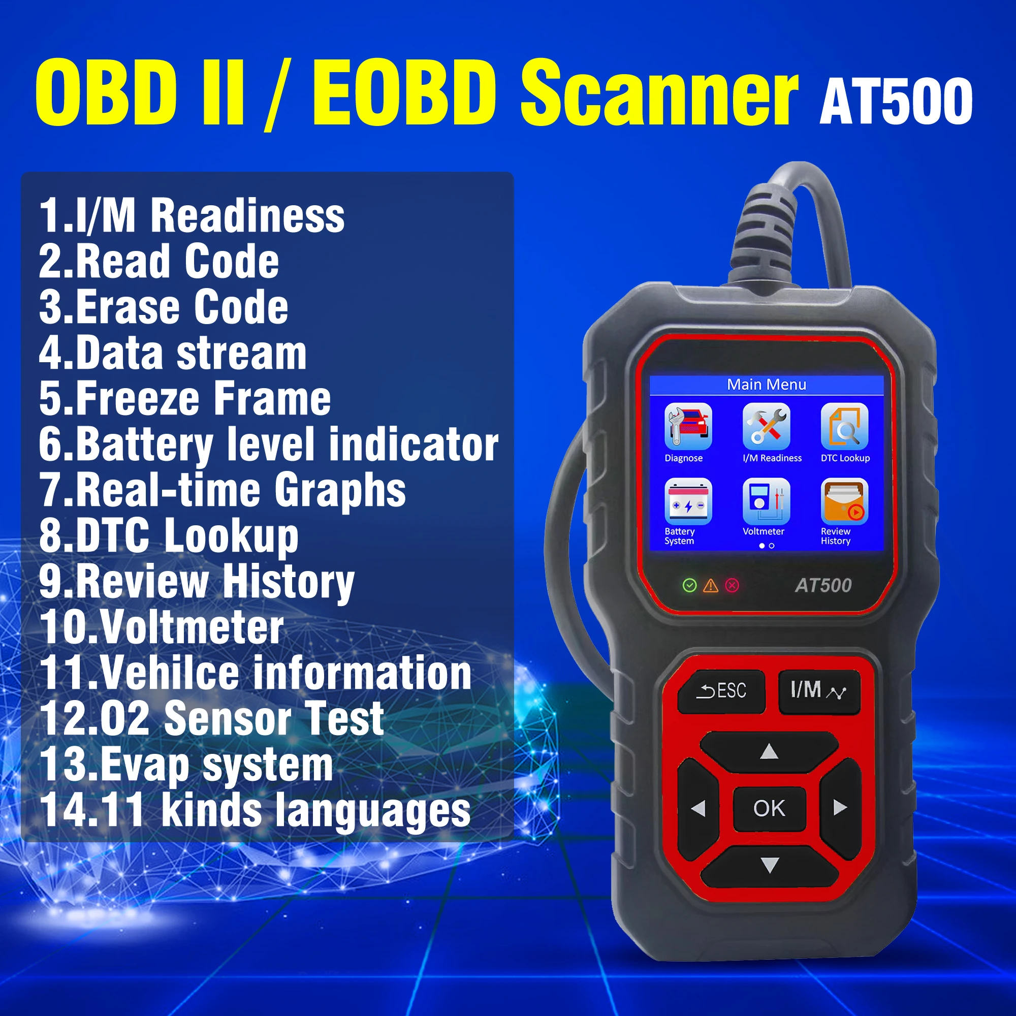 Красный AT500 OBD2 сканер 12 В считыватель кодов грузовика с экранным дисплеем анализатор диагностических инструментов