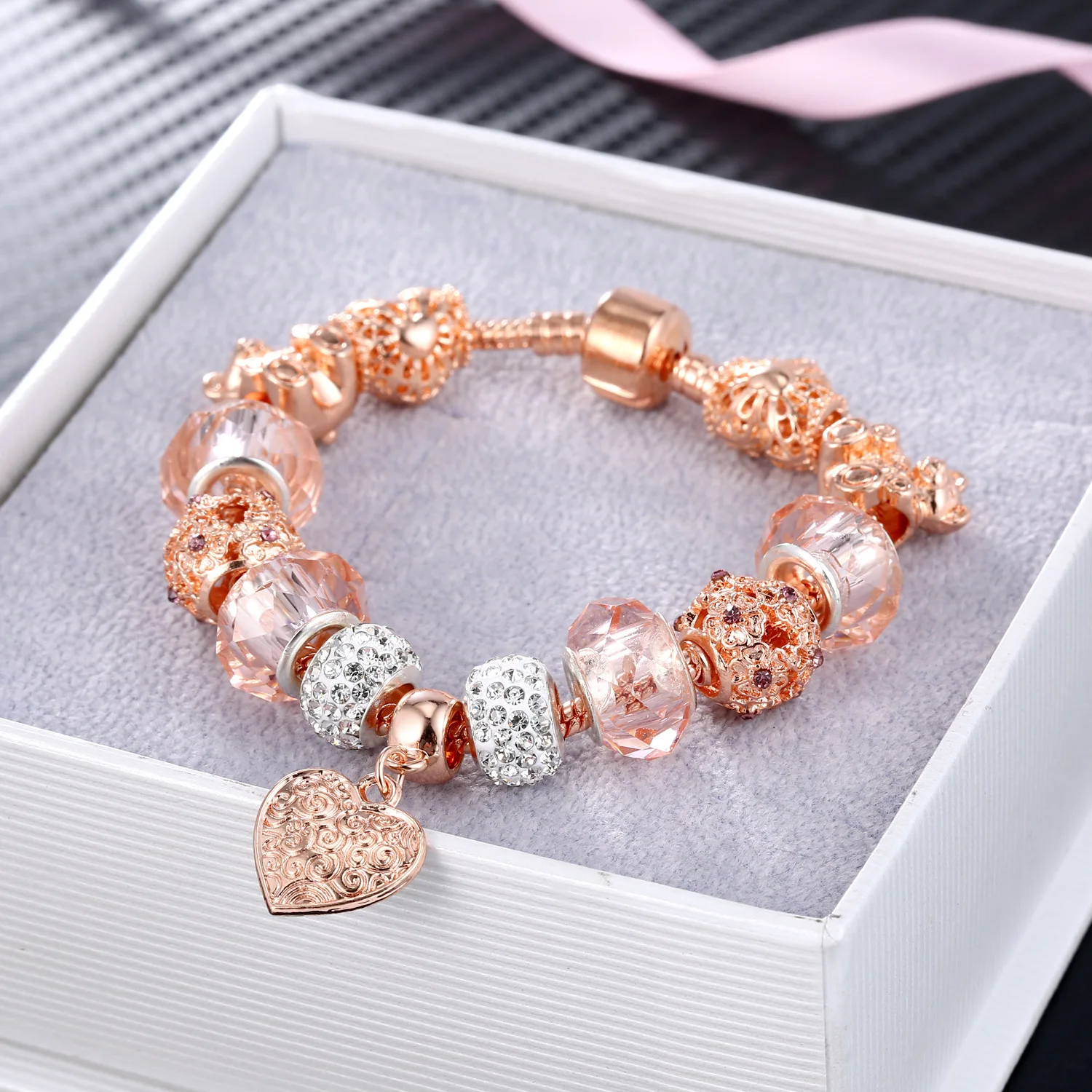  Exquisite Design Austrian Crystal Beads Bracelets Rose Gold Plated Heart Charm For Women
