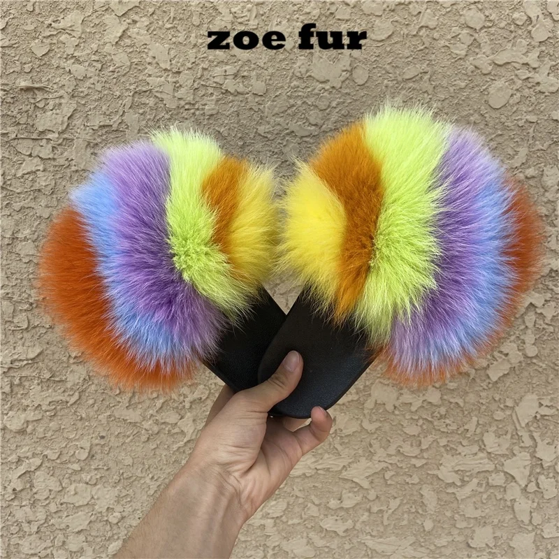 
Manufacturers wholesale private customized rainbow super fox fur luxury slippers 100% real fur lady slide lady slippers 