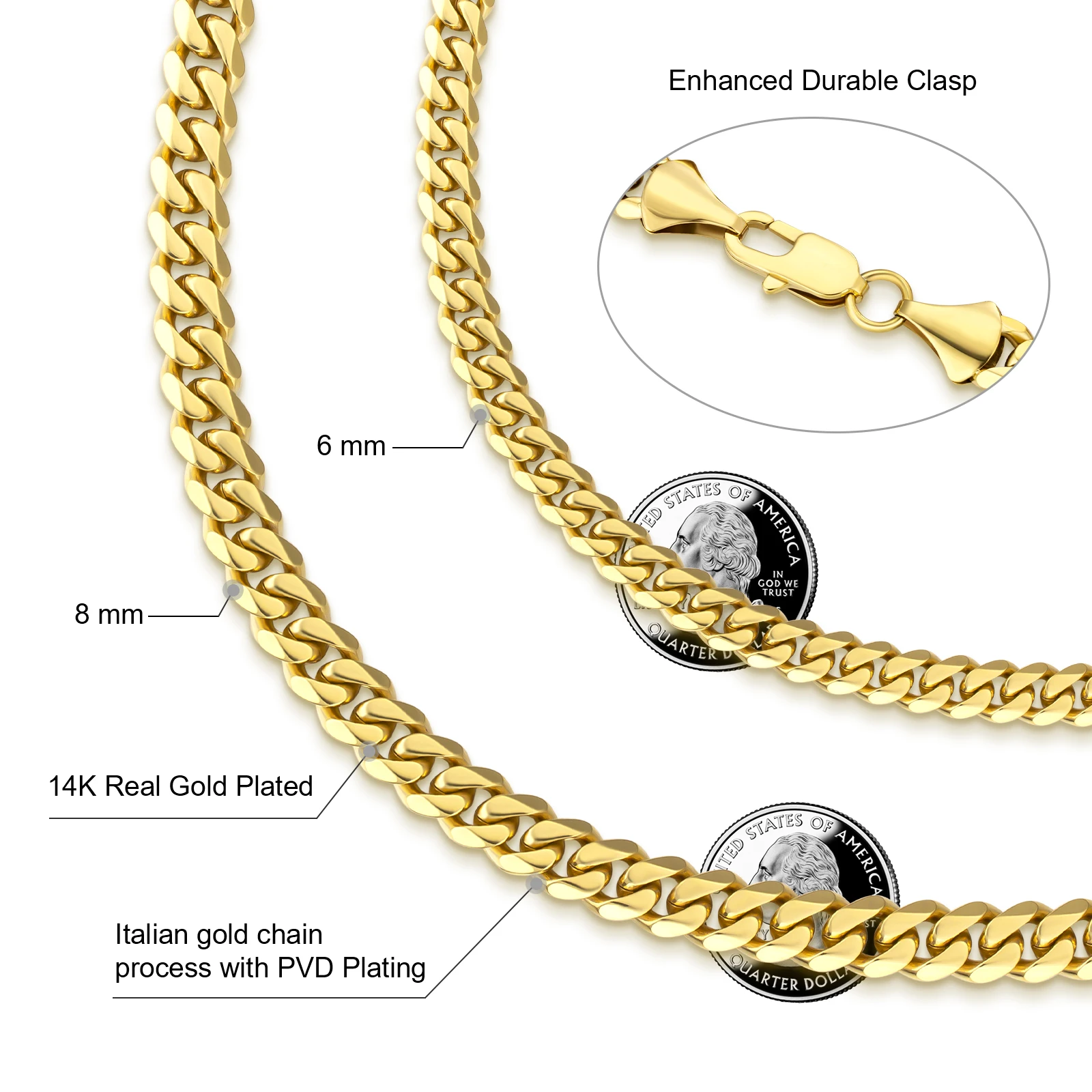 Fashion 8MM 5MM Jewelry 14K Gold Plating Stainless Steel Curb Necklace Yellow Gold Filled Miami Cuban Link Chain for Men Women
