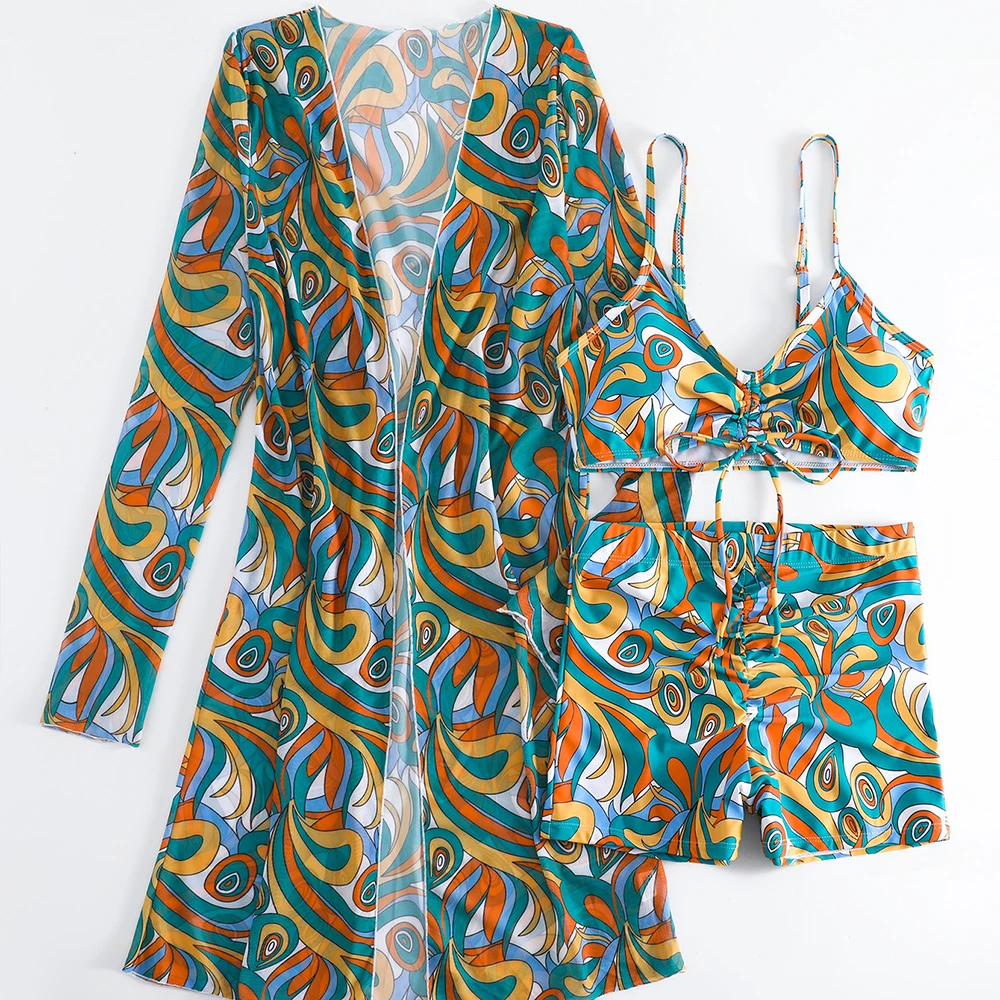 New arrivals Sexy 3 piece Bikini Set Long Sleeve Floral Print swimwear women 2022 sexy see-through bikini swimwear  for kids