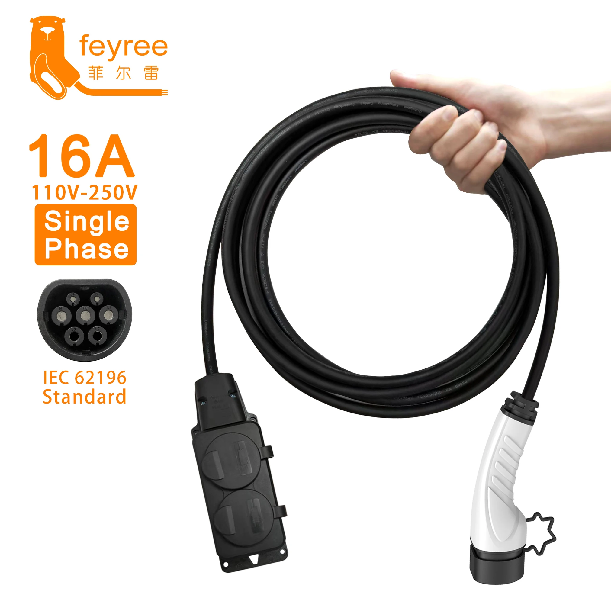 feyree Electric Car Side Discharge Plug EV Portable Type2 16A Charger Cable with EU Socket Home Appliance Outdoor Power Station