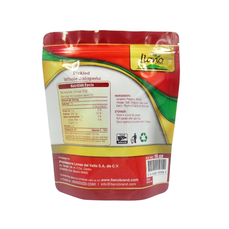 Plastic Stand Up Pouch Vegetable Pickled Jalapeno Packing Zipper Pouch For Food