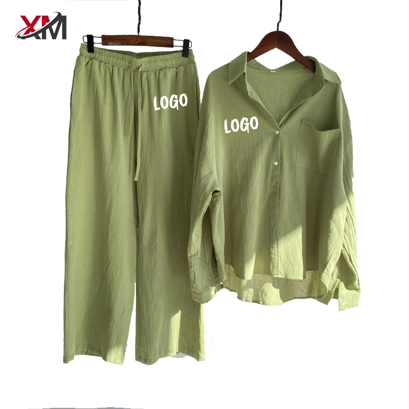 Casual 2024 Hot Sale Chic Design Solid Color Long Sleeve Cotton Linen Blouse Pants Set Women Plus Size Two Pieces Sets