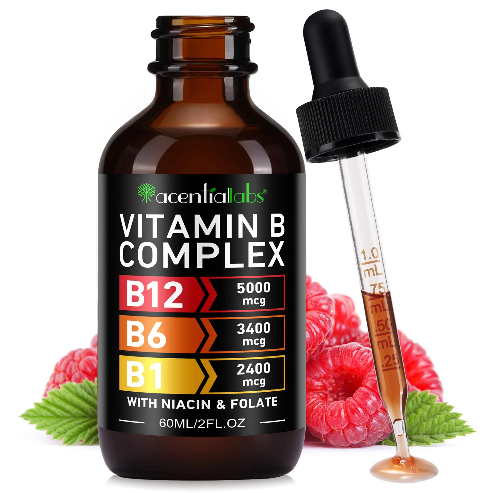 Acentiallabs raspberry flavor vitamines b12 b6 b1 niacin folate 60ml vitamin b supplements vitamin b complex liquid drops