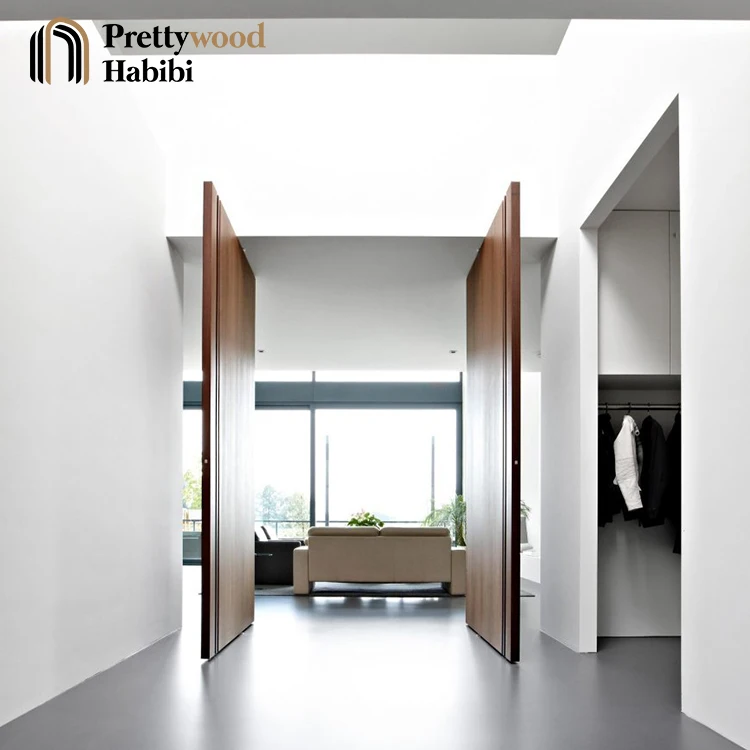 Prettywood Frameless Hidden Hinges  Flush Design Mahogany Solid Wooden Double Revolving Interior Pivot Door