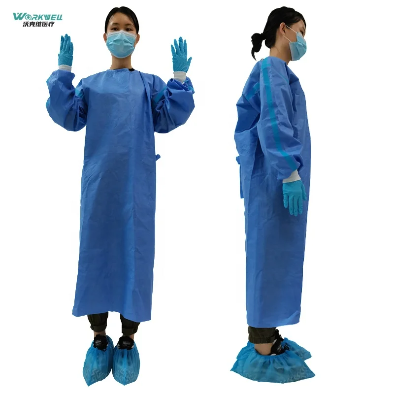 High quality 510K Disposable smms surgical gown 45g Long sleeve with tape used for Airport Isolation gown Reusable EN14126
