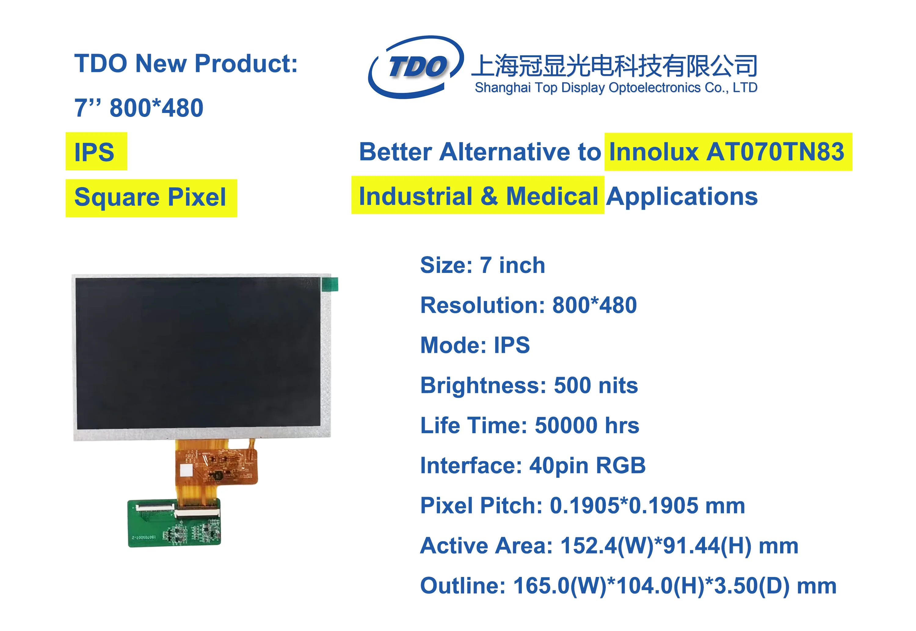 Better Alternative to TN83 square pixel 7 Inch Lcd 800*480 TFT IPS Display