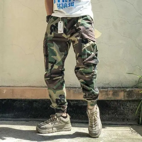 High Quality Patchwork Custom Logo Camouflage Twill Stacked Camo Cargo Flared Pants Men