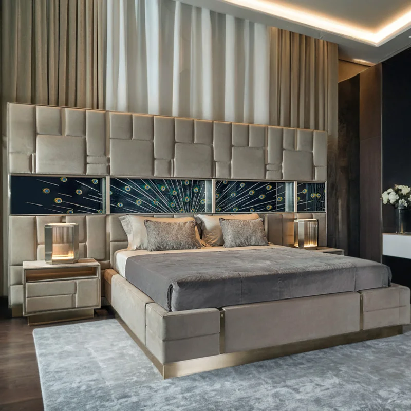 Customized high end villa bedroom furniture set modern king size luxury bed with high headboard