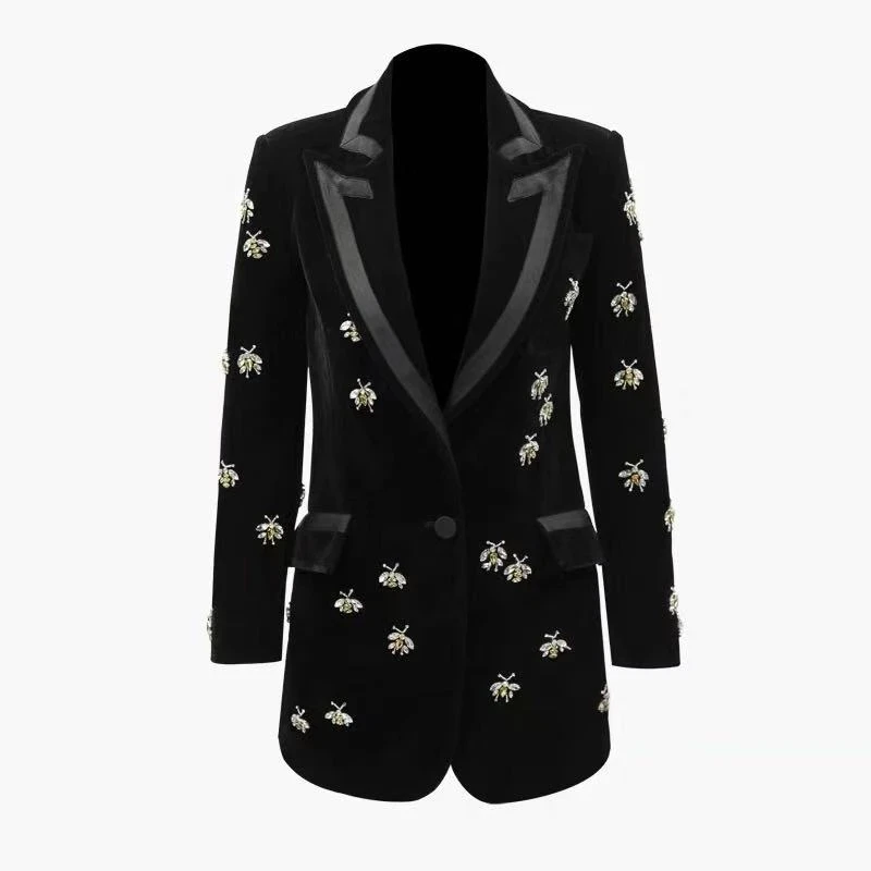 Luxury Design European Handmade Bees Beading Single Button Elegant Black Velvet Long Blazer Jacket for Women