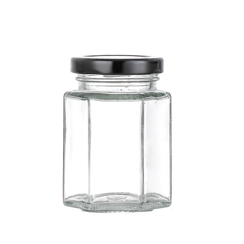 New Hexagonal Unique Promotional Various Sizes Airtight Glass Storage Jar Glass Honey Jar 100ml 180ml 280ml 380ml 500ml