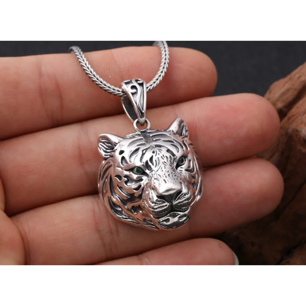 Real Pure Sterling Silver 925 Tiger Pendant For Men Cool Punk Rock Pendants Personalized Viking Jewelry