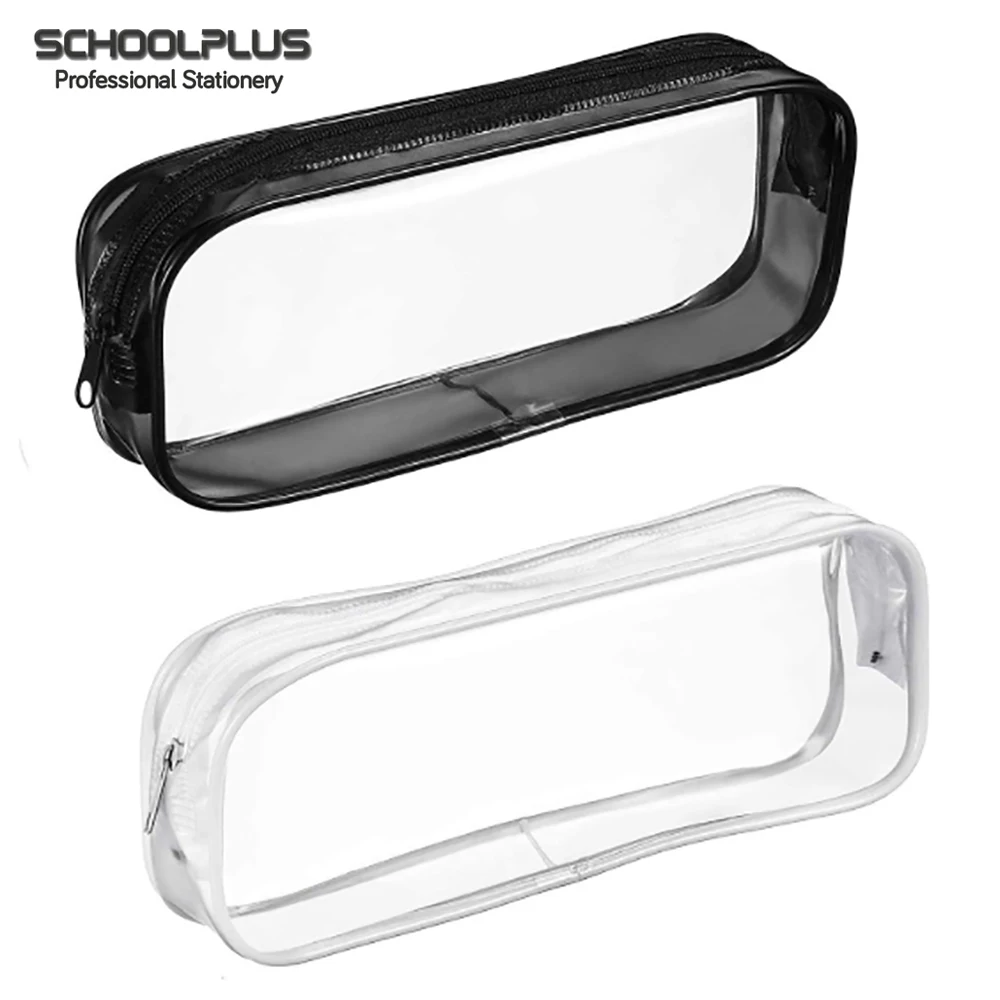 Clear PVC zipper pen pencil case big capacity pencil bag makeup pouch (Black and White)