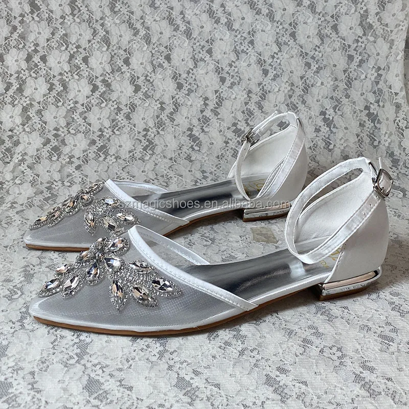 Ladies White Bridal Shoes Flat with Pendant on Top