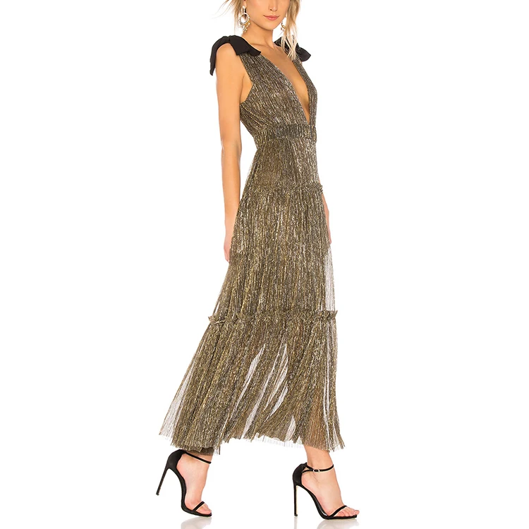 Manufacture Wholesale Custom Best Price Bow Tie Shoulder lurex fabric Threading Dresses Women Ladies