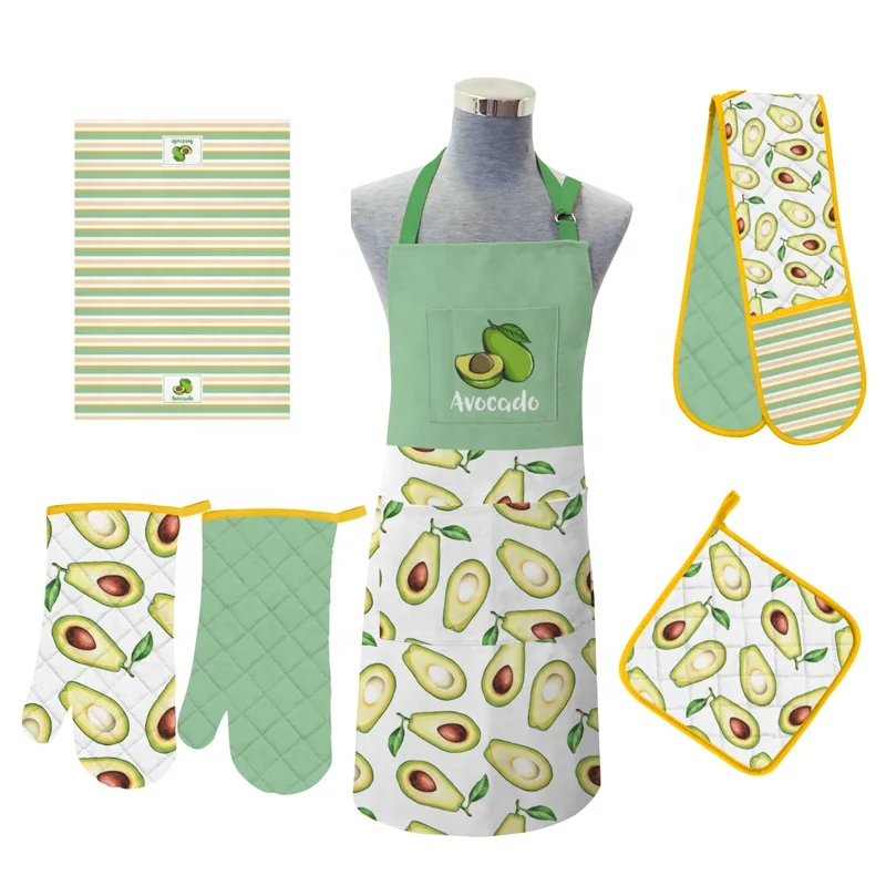 100% Cotton Printed Avocado Pattern Chef Cooking Apron and Kitchen Towel Oven Glove and Pot Holder Set