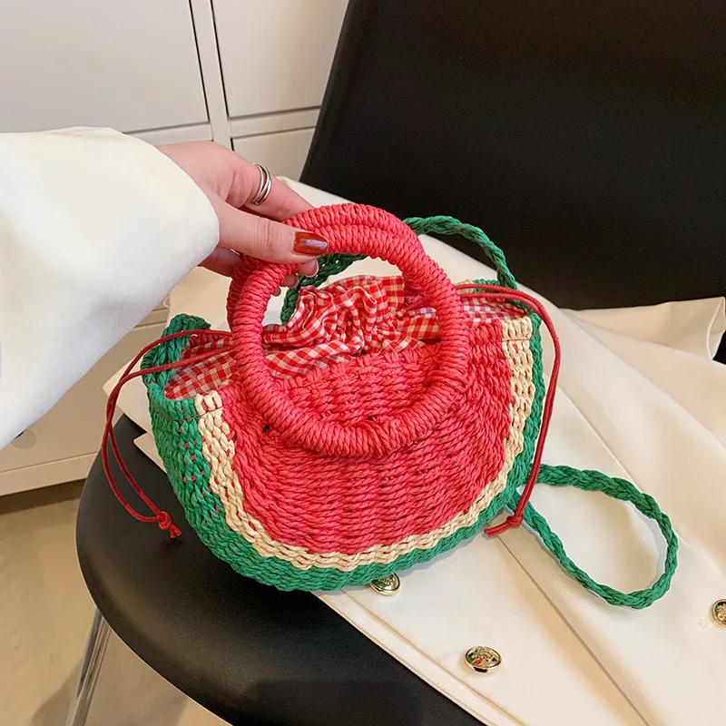 New Arrivals Handmade Half Round Natural Paper Straw Crossbody Bag Watermelon woven straw beach tote bag