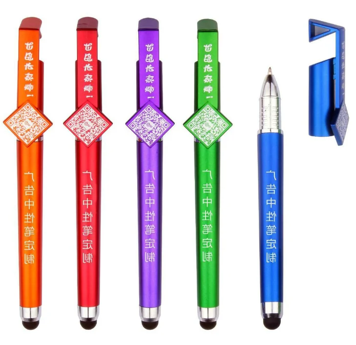 Promotional banner QR code 4 in1 multifunction plastic touch screen stylus mobile phone holder gel ink pen