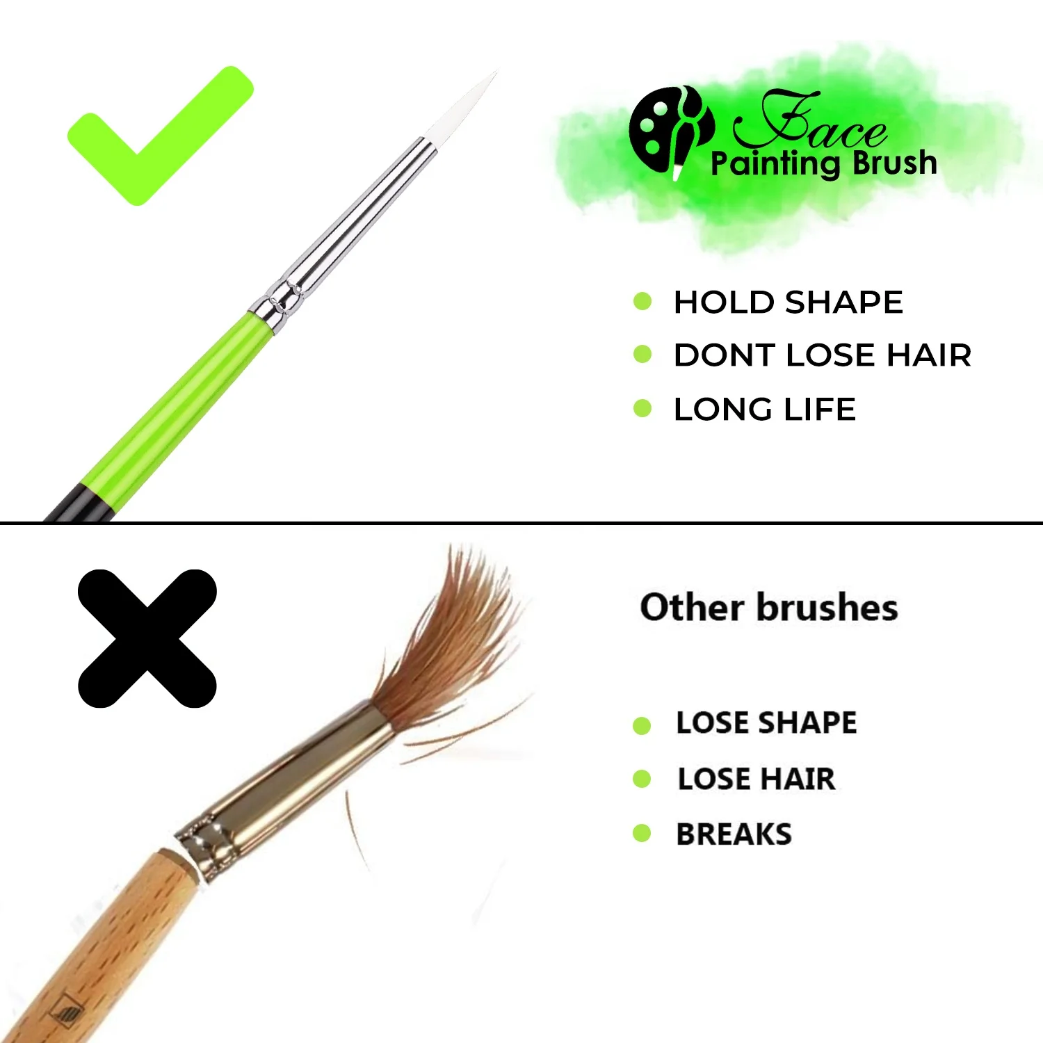 Professional 6pcs Green Handle Face Paint Brush Wood Handle White Nylon Face Painting Artist Paint Brush Set for Face Art