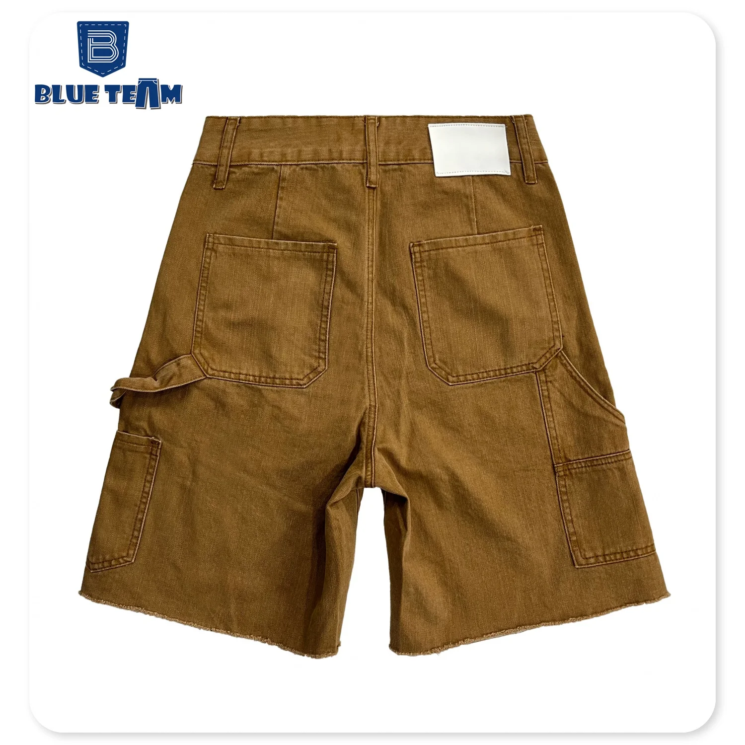 Blue Team | Custom logo jean shorts cargo pants denim with pocket street raw cuff edges baggy denim shorts custom for men