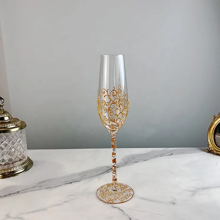 Handmade 200ml Gold Paintings Pattern Champagne Flutes Wedding Glasses Goblet