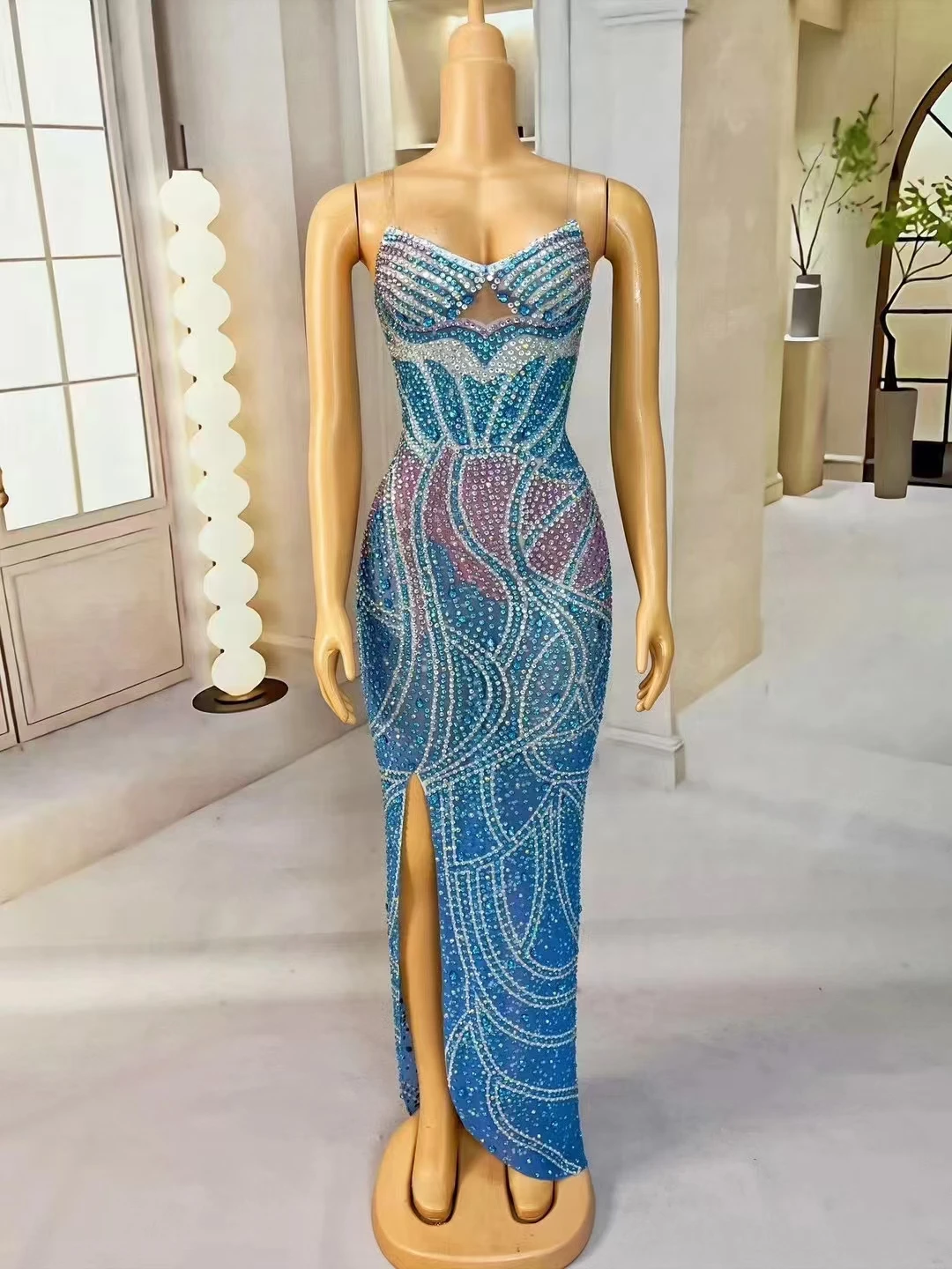 2024 New Design Sleeveless Dress Women Orange Colorful Rhinestones Feather Sexy Transparent Chiffon Casual Nightclub Birthday