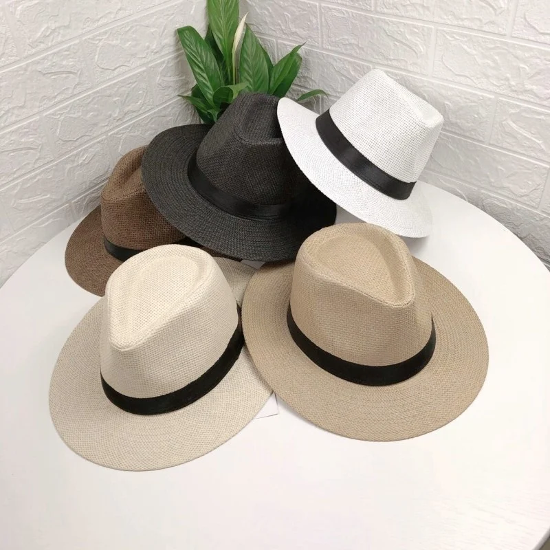 Men Summer Beach Holiday Sun Hat Flat Brim Straw Ribbon Fedoras Sun Protection Eco-friendly Paper Panama Straw Hats