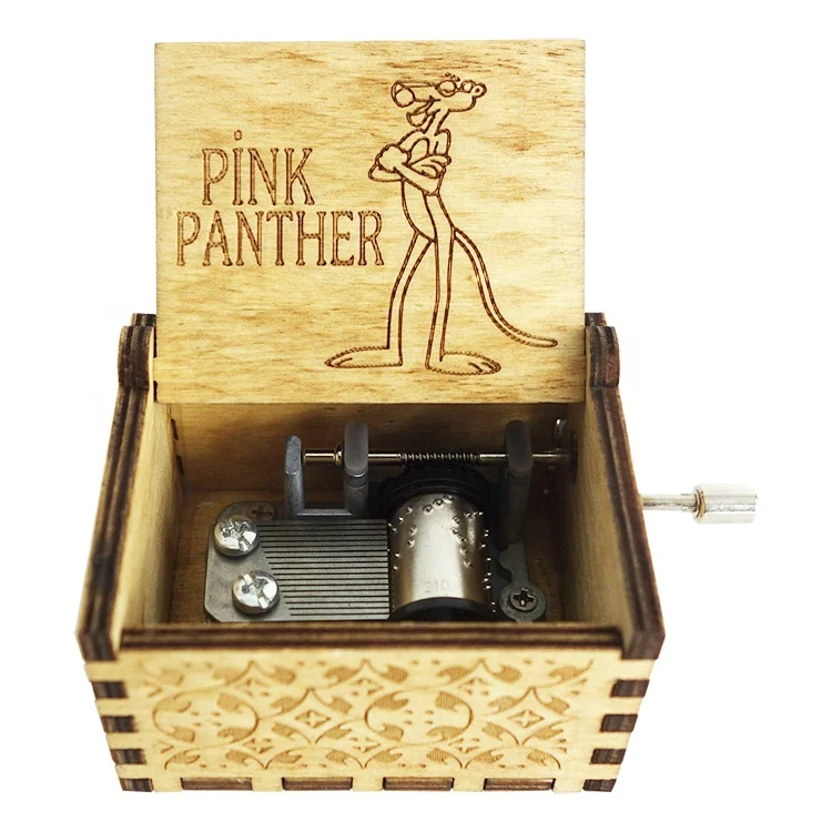 Wholesale 18 Notes Hand Crank Wooden Engraved Pink Panther Theme Music Box