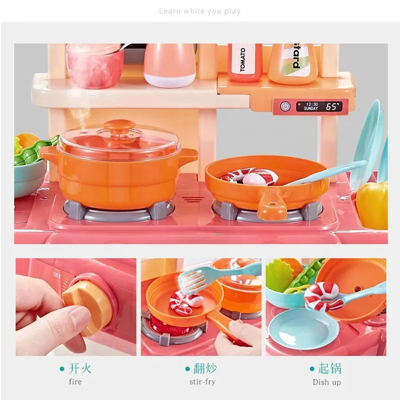 63cm children cooking toy simulation kitchen pretend play set kids mist spray faucet sink toy kitchen play set with lights&sound