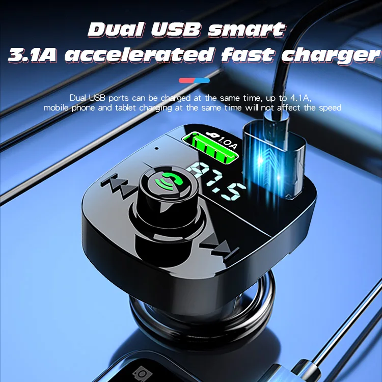 Hand free fast charger car MP3 wireless Car Fm Transfer Mp3 player Dual usb  Car Charger MP3