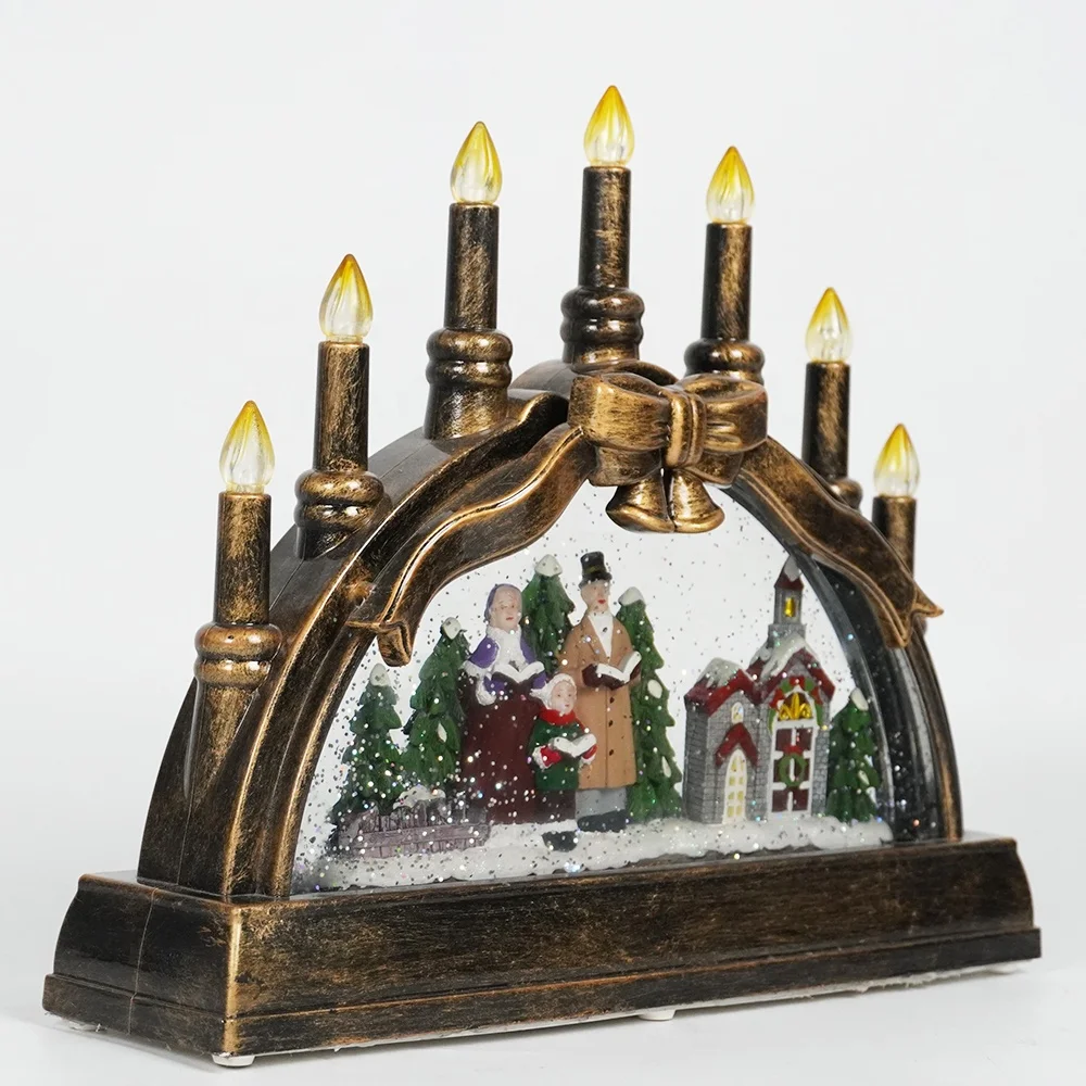 Xmas caroller village scene noel musical led illuminated water spinning Candle holder Christmas snow globe